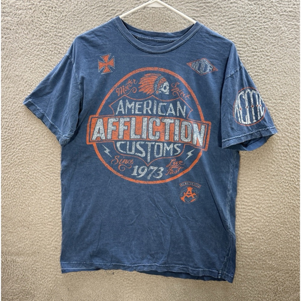 Affliction American Customs Shirt Adult Large Blue Crewneck Motorcycle Biker Y2K